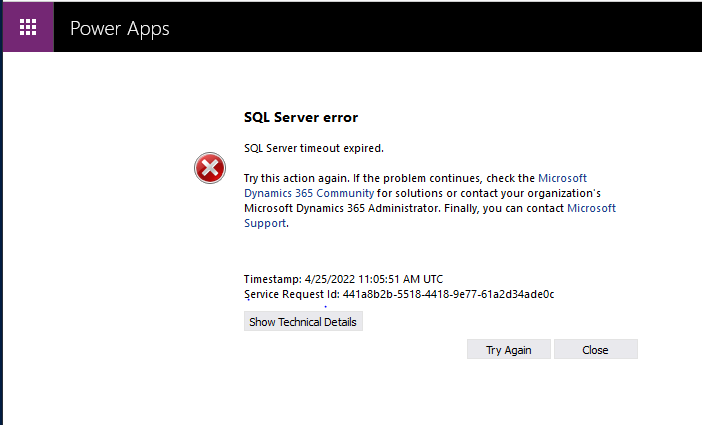 Power Apps Guide Model Driven Apps SQL Server Timeout Errors 
